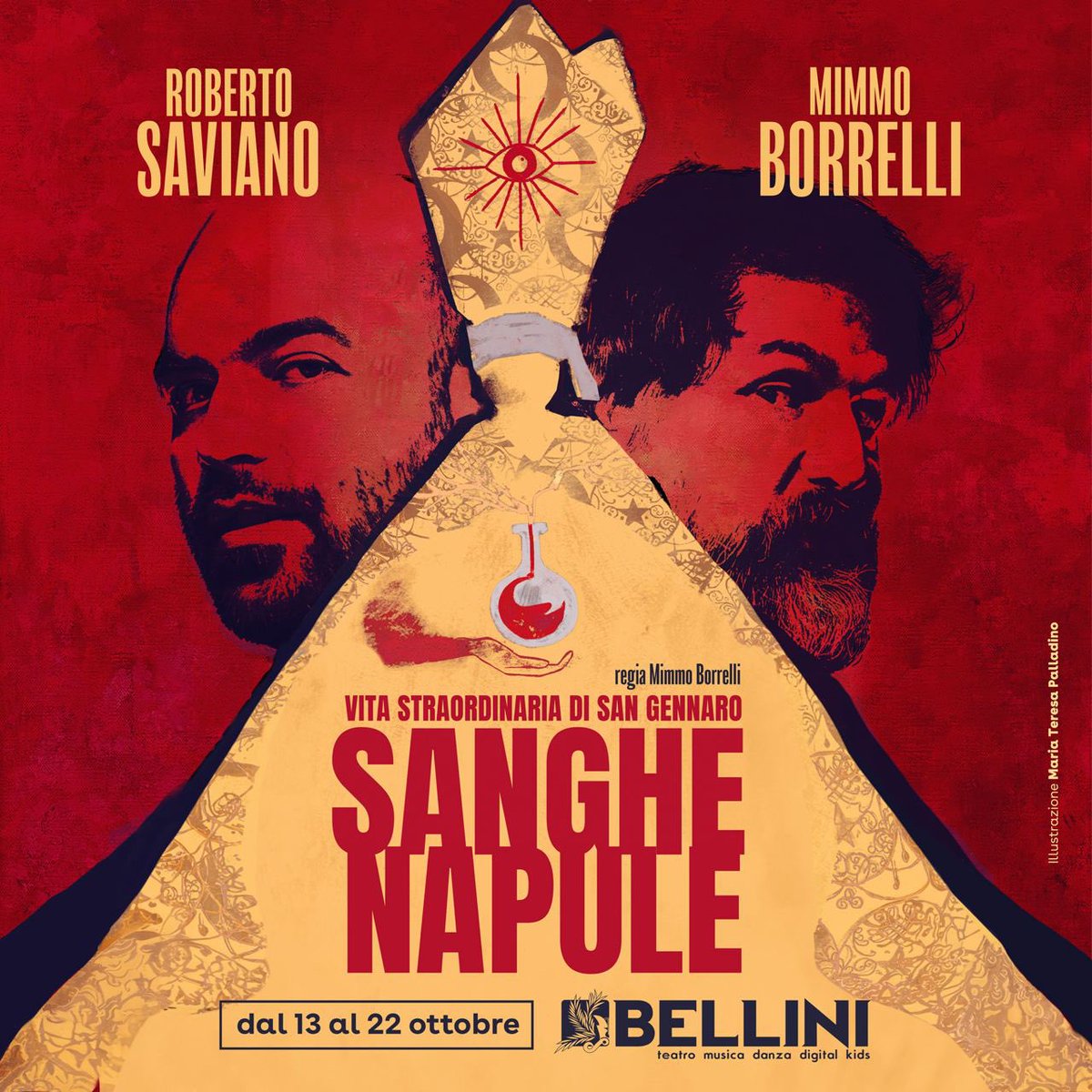 Questo è un invito. Un invito a raggiungermi a Napoli! 
Dal 13 al 22 ottobre (cioè tra pochissimo) sarò, insieme a Mimmo Borrelli, al <a href="/TeatroBellini/">Teatro Bellini</a>, dove porteremo in scena “Sanghenapule. Vita straordinaria di San Gennaro”.  

Vorrei che, chi verrà a vederci, si concedesse poi