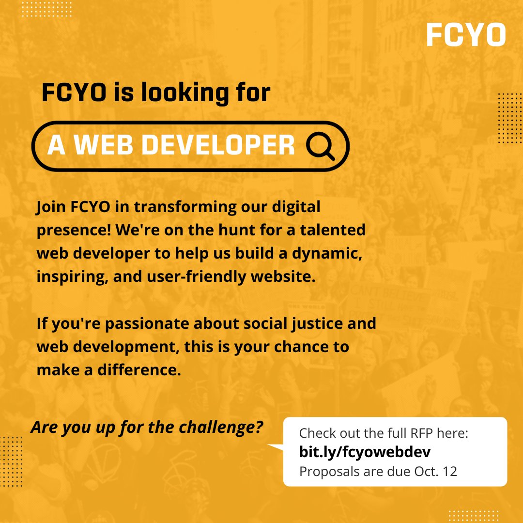 Calling all web developers! 📣

FCYO is on a mission to reshape our online home! Join us in creating a dynamic, user-friendly website that reflects our commitment to social justice. Submit your proposal by Oct. 12th. 

Details 👉 bit.ly/46cvTLq