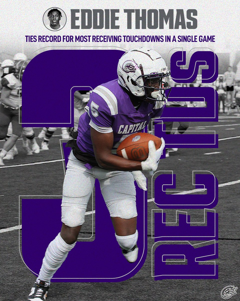 ICYMI: @CapitalU_FB WR Eddie Thomas tied the program record for the most receiving touchdowns in a single game on Saturday, scoring three against Muskingum! #CapFam | #CapFB | #POTP