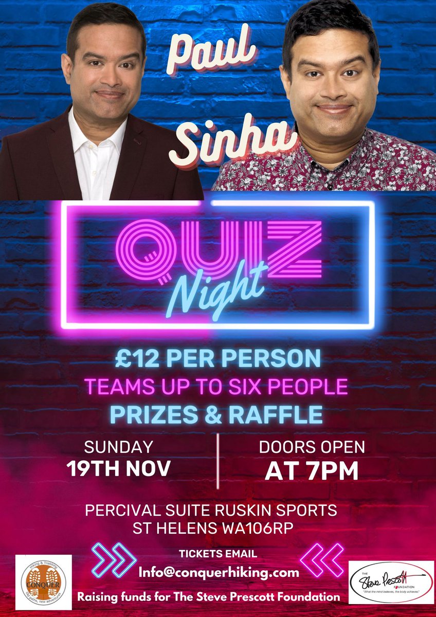 The Chase star, Paul Sinha, is back @ruskinsthelens this November for another great quiz night raising funds for @StevePrescott1 . Get in touch for tickets!