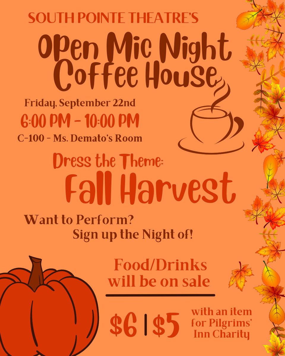 This Friday, September 22nd from 6pm to 10pm. Come out to Open Mic Night Coffee House. Don’t forget to dress the theme: Fall Harvest 🍂🍁🎃☕️
