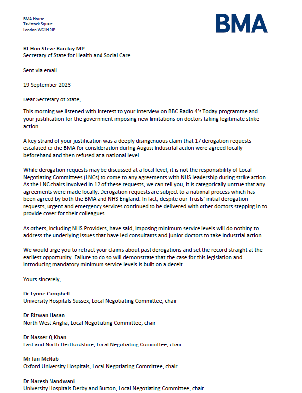 'It is categorically untrue that any agreements were made locally' Five Local Negotiating Committee chairs sign letter to @SteveBarclay calling for the health secretary to correct his 'deeply disingenuous claim' about strike exemptions on @BBCr4today bma.org.uk/bma-media-cent…