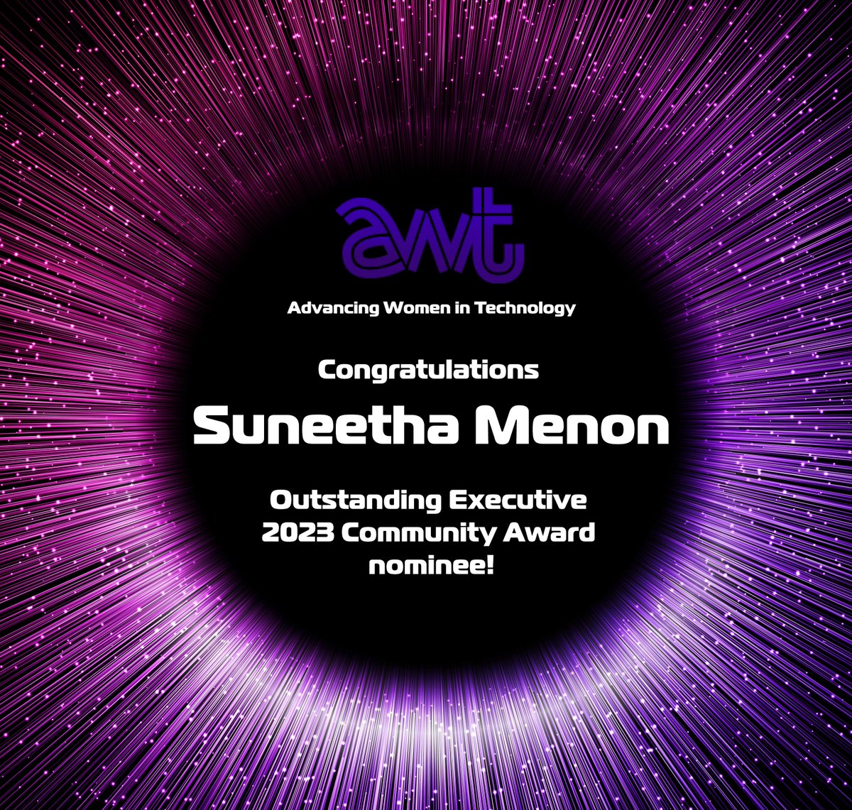 Congratulations to Suneetha Menon for being nominated for the AWT - Advancing Women in Technology Outstanding Executive 2023 Community Award!
<a href="/AWTCAL/">Advancing Women in Technology (AWT)</a> #WomenInSTEM