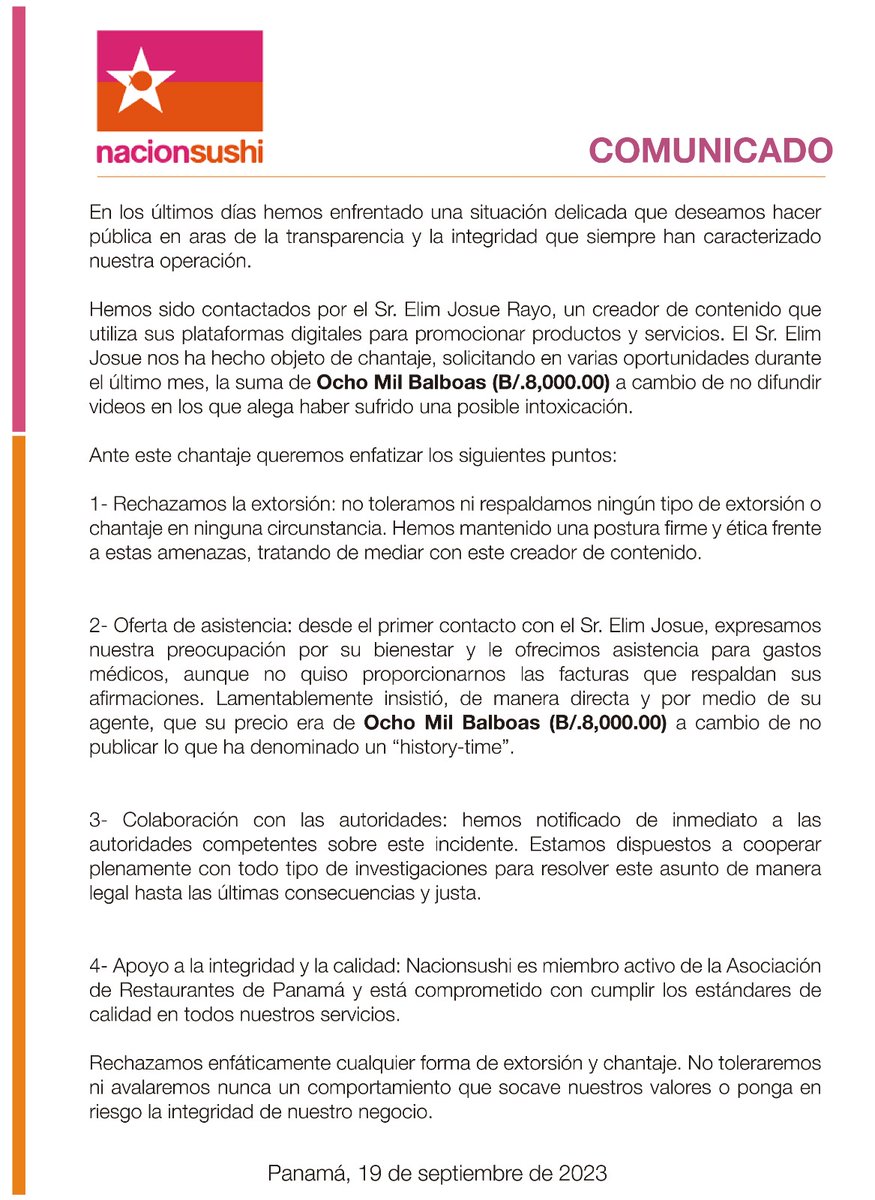 nacionsushi_'s tweet photo. En los últimos días, el influencer Elim Josue nos ha estado chantajeando, solicitando en varias oportunidades, la suma de (B/.8,000.00) a cambio de no difundir videos en los que alega haber sufrido una posible intoxicación por licor y alimentos. #NoExtorsion https://t.co/0dFyl16EwG