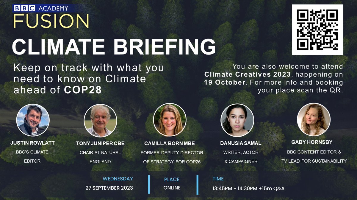 BBCAcademy's tweet image. Join our climate briefing with @BBCJustinR, BBC Climate Editor; @TonyJuniper, Chair @NaturalEngland; @camillaborn, former Deputy Director of Strategy COP26; @danusiasamal, writer &amp;amp; campaigner; @GabyHornsby, BBC TV Sustainability Lead.

Free, online, 27/09:
bbc.co.uk/send/u151587050