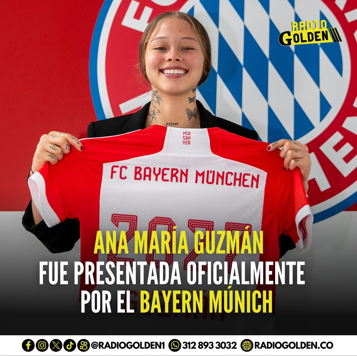 RadioGolden1's tweet photo. La colombiana de 18 años, Ana María Guzmán, firmó con Bayern Munich por cuatro años. Seguirá en Deportivo Pereira hasta fin de año y luego se incorporará al equipo alemán. 🇩🇪 🇨🇴 👏 @fcbfrauen

#Anamariaguzman #bayernmunich #RadioGolden #YoEscuchoRadioGolden #RadioGoldenCali https://t.co/6IBNnb7JEn