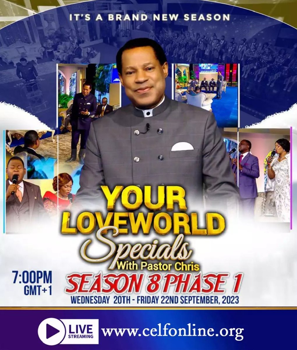 😇🌏 NOT TO BE MISSED THIS SEPTEMBER: Your Loveworld With Pastor Chris Season 8 Phase 1 will be airing live from tomorrow,

📆 From the 20th - 22nd Sept. 2023

#loveworldnetworks #loveworldsat
#yourloveworldspecials #PastorChrisLive
#eer #cetver #cecrussiagroup2