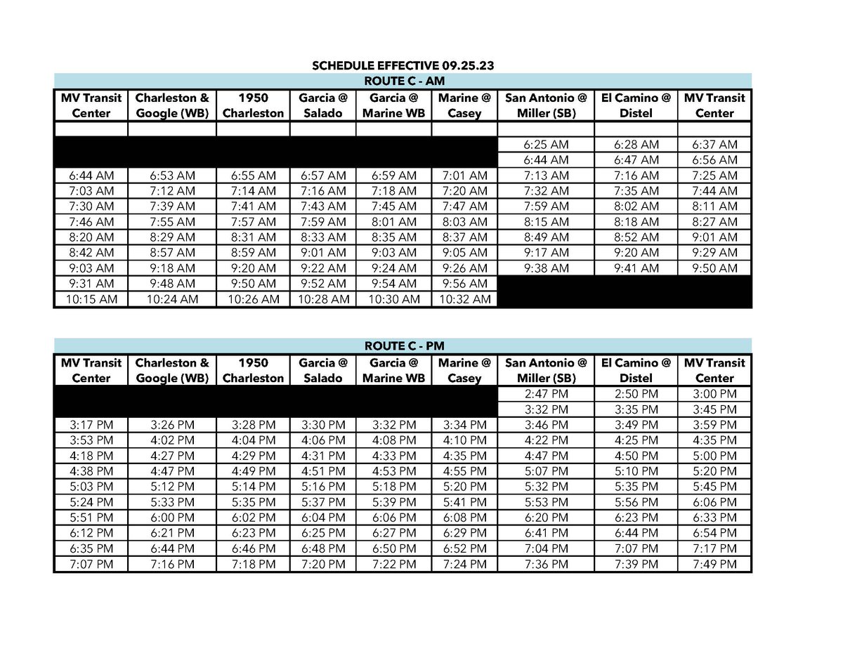 MVgoShuttle's tweet photo. New MVgo schedules effective 09.25.23 to align with Caltrain's new schedules.  Images of new schedules attached. https://t.co/4CEatPyvND