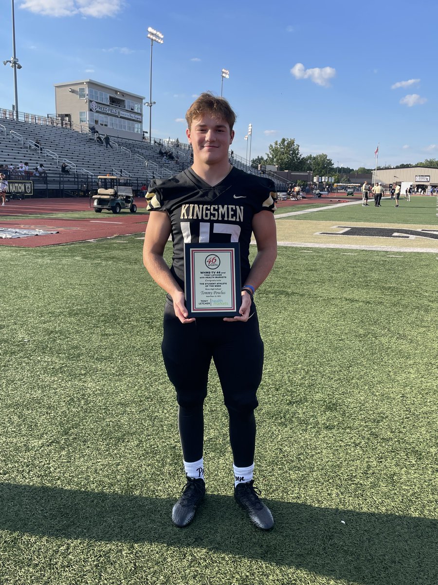 The_Pennant's tweet image. Congrats to Penn's Tommy Powlus on being named the WHME-TV 46 Student-Athlete of the Week. Powlus received the award before last week's Penn vs. Elkhart Football Game.