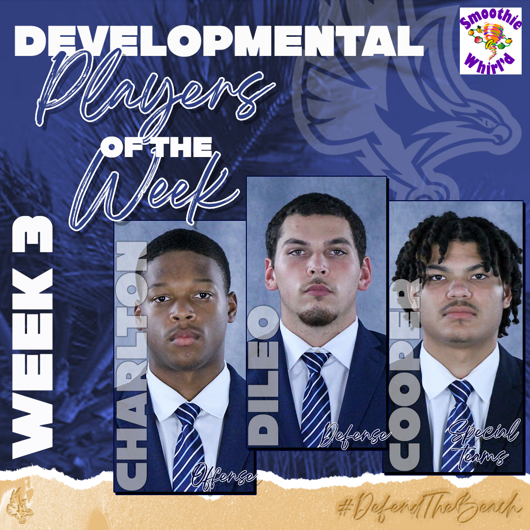 Here are this week's Developmental Players of the Week (Week 3) presented by @SmoothieWhirld Offense - Damari Charlton➡️ bit.ly/48oQJsT Defense - Chris DiLeo➡️ bit.ly/48nJ9hQ Special Teams - Melik Cooper ➡️bit.ly/3LtIAcA #DefendTheBeach #SeahawkFast