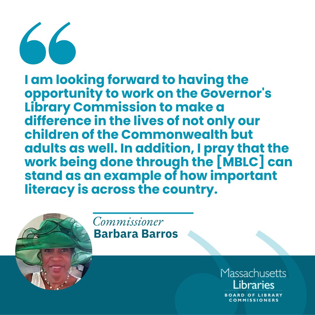 mblclibraries's tweet image. 🗨️ Comm&apos;r Barros began her 5 year term this earlier month, and we asked what she was most looking forward to in her new role as a library commissioner ☺️. 
For more with Commissioner Barros, visit our blog at mblc.state.ma.us/mblc_blog/ 
#librariesinMA #massachusettslibraries
