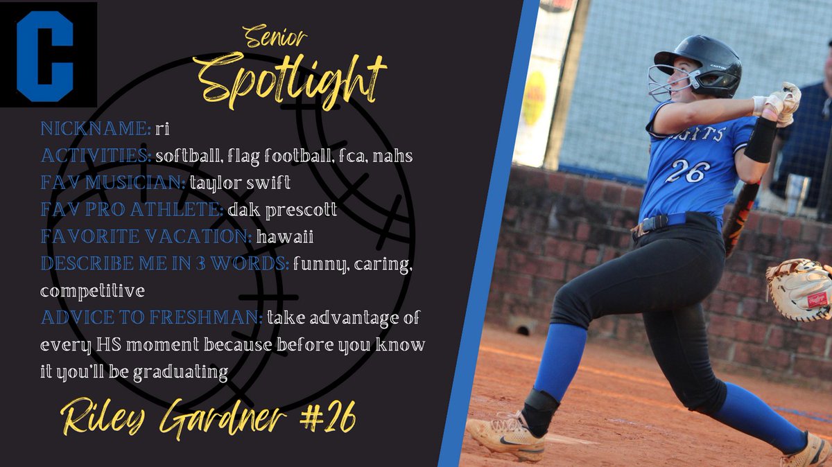 🌟SENIOR SPOTLIGHT - Riley Gardner🌟 

Riley has been on the CHS varsity team all 4 years locking down the left side playing LF, 3B and SS.  Current AVG is .541, OPS 1.529 &amp; SLG of .934 including 33 hits, 18 RBI's and 6HR. We will miss this slugger next year❗