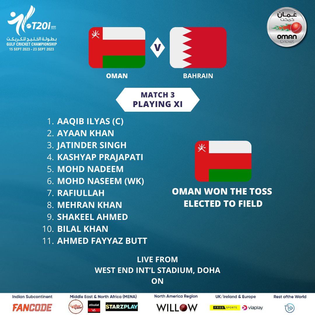 TheOmanCricket's tweet photo. News from the Center! 📢
Oman 🇴🇲 have won the toss and elected to field!
We go in with 1 change as Skipper Aaqib Ilyas comes in for Shoaib Khan.. ⬆️⬇️
#OmanCricket #GCCCricket #OMNvsBAH #Explore https://t.co/bGmPZhb4uQ