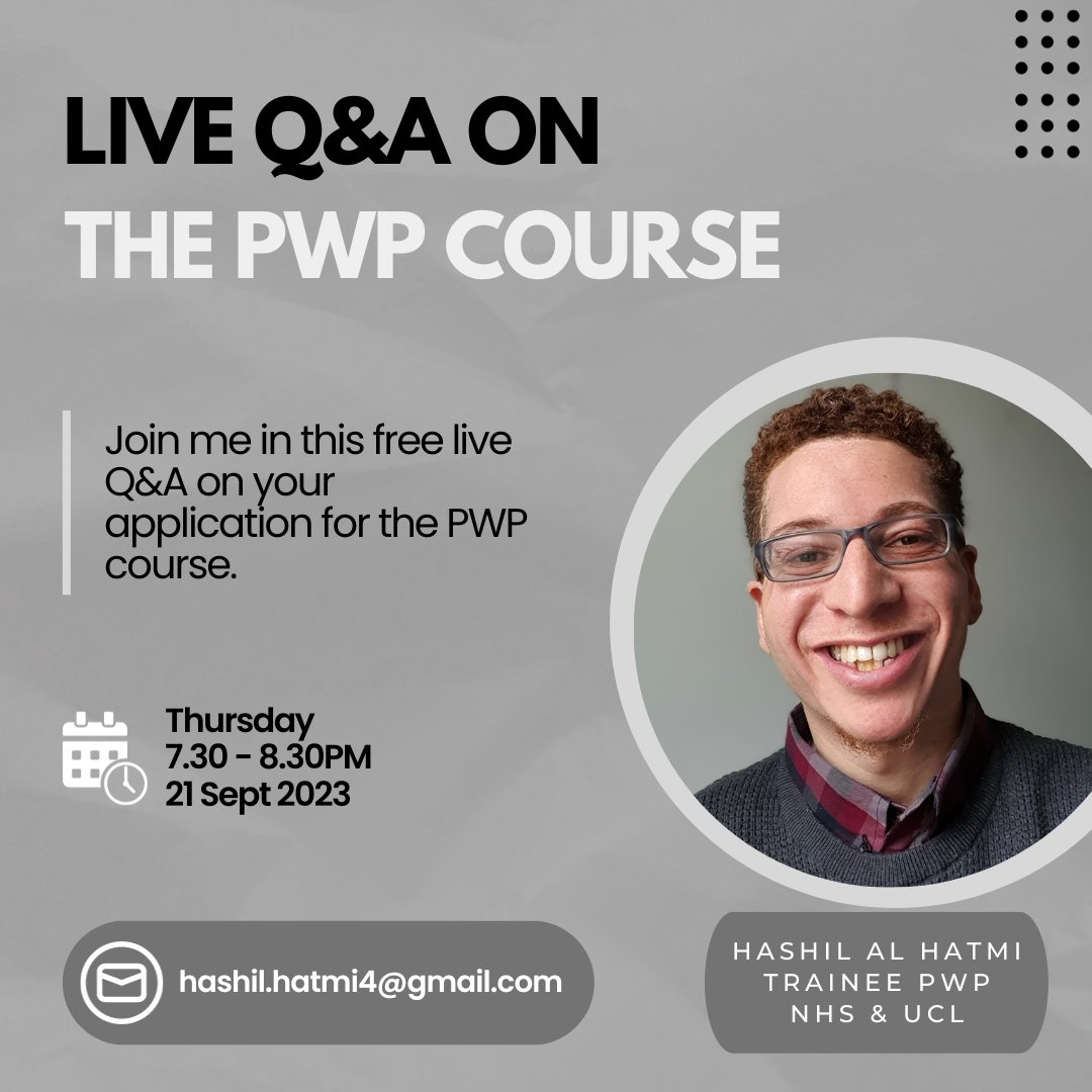 If you're interested in applying for the PWP course (Low Intensity CBT) in the UK, then join me this Thursday at 7.30 for a one hour free live Q&A via MS Teams.

#pwp
#cbt
#licbt 
#NHS
#talkingtherapy