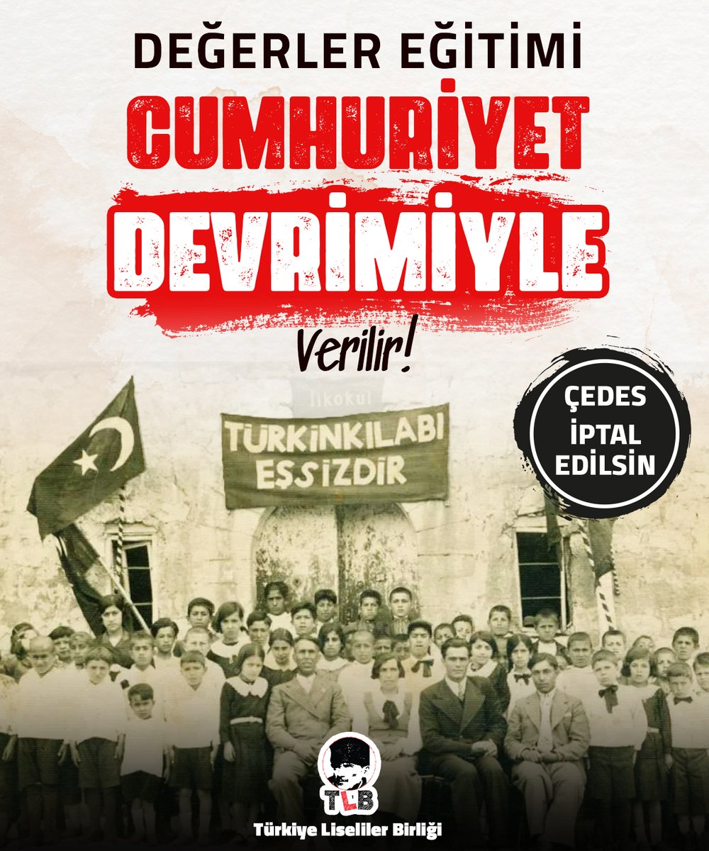 liselibirligi's tweet photo. MEB, ÇEDES projesini derhal iptal etmelidir. @tcmeb

Değerler eğitimi sadece dini değerlere sıkıştırılarak, Cumhuriyet devrimimizin değerleri yok sayılarak verilemez! 

Değerler eğitimi Cumhuriyet değelerimizin mirasına sahip çıkarak verilir.

İmza: https://t.co/XEoNc4ykag https://t.co/L7dM4fDViU