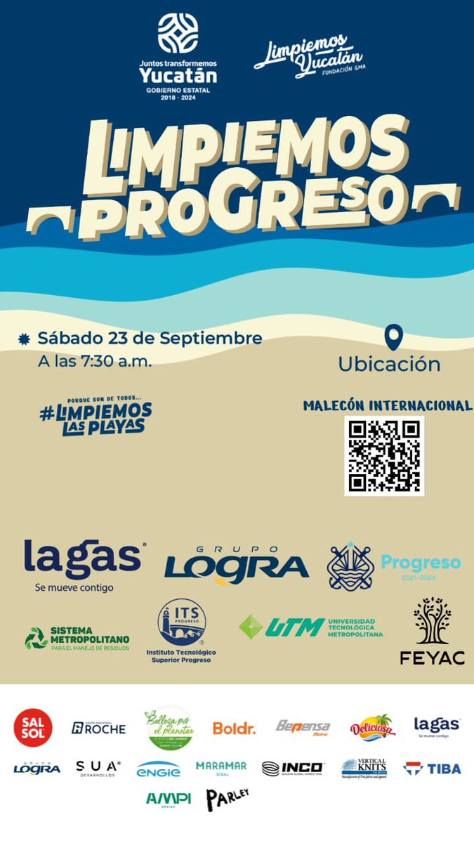 ♻️¡#LimpiemosProgreso! Este sábado súmate a la limpieza simultanea de playas organizado por #LimpiemosYucatán y el @GobYucatan.

📆 Sábado 23 de septiembre
📍Malecón Internacional
⏰7:30 am

#Comparte y hagamos equipo por nuestras playas.