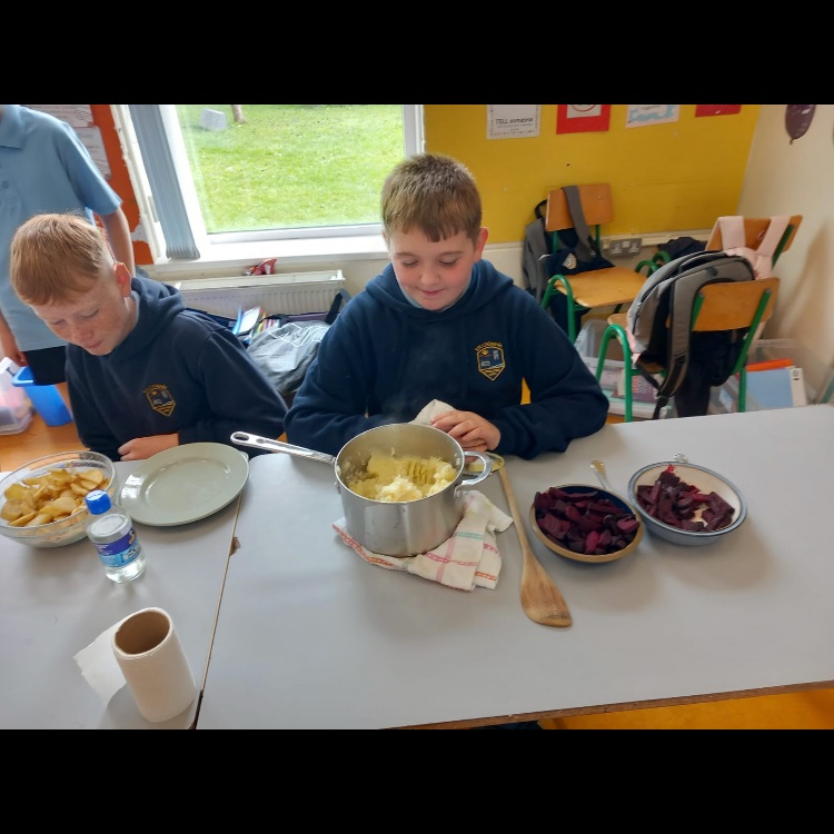 CloneenNS's tweet photo. Junior and Senior infants made a delicious salad; 1st and 2nd class made soup, mashed potatoes and an apple and blackberry crumble; 3rd and 4th class made some rhubarb crumble; while 5th and 6th class made potatoes chips as well as beetroot chips and some apple crumble. https://t.co/pVJw0SwEib