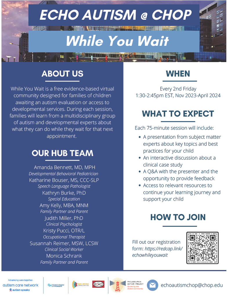 CARautism's tweet photo. ECHO Autism While You Wait is BACK starting November 10th! Join experts on the second Friday of each month and discuss what you can do while your child is awaiting an #autism evaluation or access to developmental services.

Visit https://t.co/XnHD9j0n8n to learn more and register https://t.co/u7KlHME5Jy