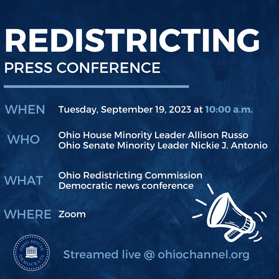 ‼️REDISTRICTING UPDATE‼️ Join Ohio Democrat Leaders @Russo4Ohio & @nickieantonio THIS morning at 10:00 am ET to discuss: 1️⃣ a constitutional map proposal 2️⃣ the current state of the Ohio Redistricting Commission