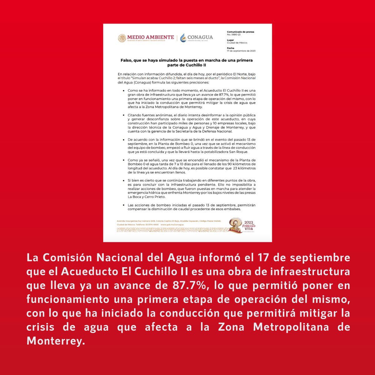 infodemiaMex's tweet photo. ❌Falso que se simuló la puesta en marcha de la primera parte de #CuchilloII
✅La @conagua_mx informó que se puso en funcionamiento una primera etapa del Acueducto #ElCuchilloII, debido al avance de 87.7% de la obra.
➡️ https://t.co/tzoQO7JvAU https://t.co/pBXITohQp7