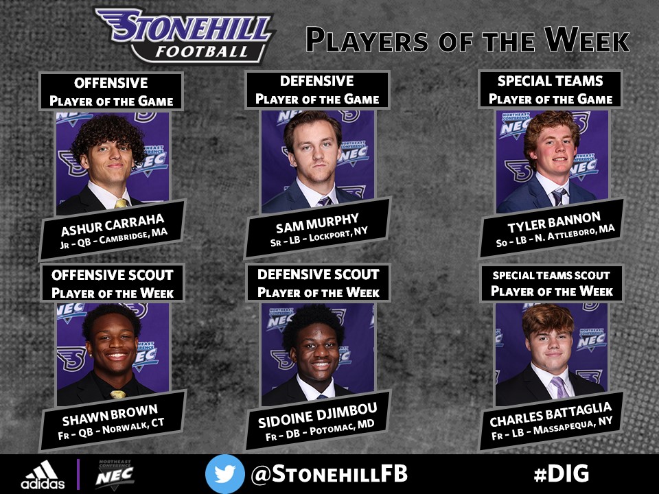 StonehillFB's tweet photo. Congrats to the Players of the Week following our 23-20 triumph over Georgetown University in our nation's capital this past weekend!

#DIG https://t.co/2cwxGfBScJ