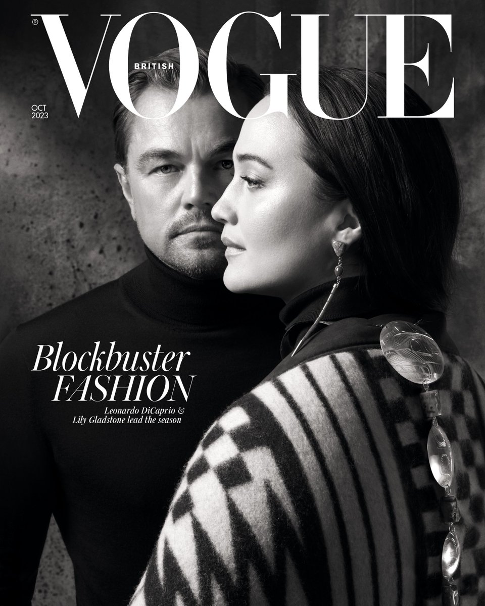 BritishVogue's tweet photo. At first glance, it’s a classic scene from the heyday of Hollywood’s golden era on the set of #BritishVogue’s October 2023 cover shoot, with two glamorous movie stars gliding across a dressing room. He, however, is @LeoDiCaprio – rarely interviewed – and she is @Lily_Gladstone, soon to be one of the most talked-about talents in Hollywood. Read the interview here, and see the full story in the new issue, on newsstands Tuesday 26 September: https://t.co/e8eMo0N6m9