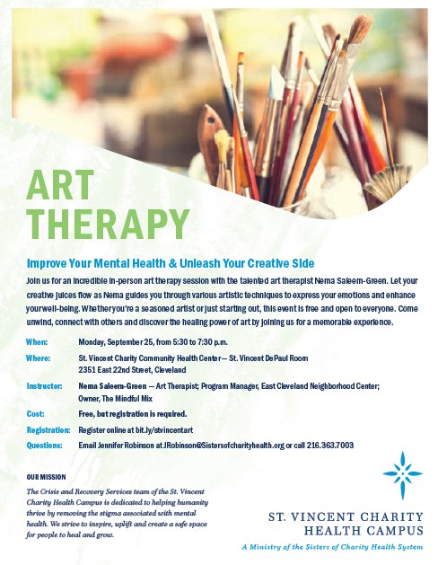 Art therapy can improve mental health. Here's your opportunity to uplift your mental well-being and unleash your creative side. Join us Monday, Sept. 25, from 5:30 to 7:30 for a free art therapy session at the St. Vincent Charity Health Campus. bit.ly/3rb8JpR