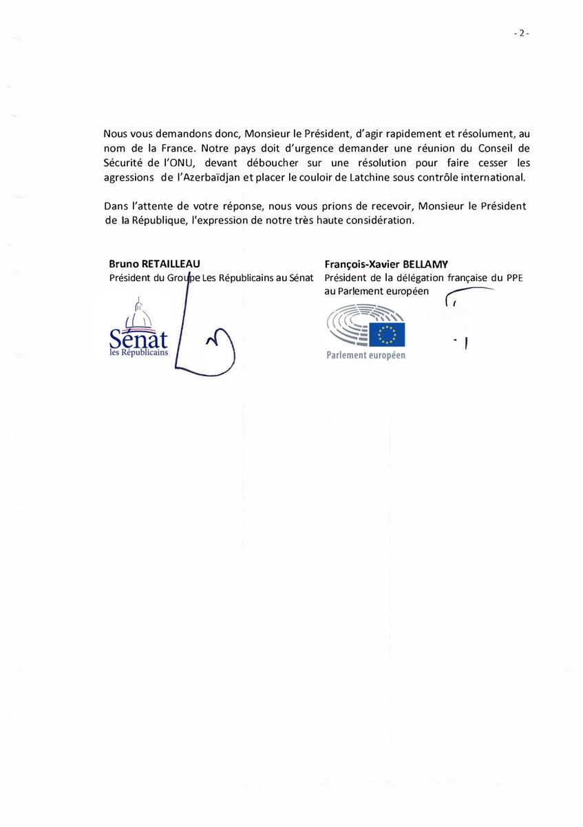 BrunoRetailleau's tweet photo. La France ne peut pas laisser, sans réagir, l’Azerbaïdjan bombarder le Haut-Karabagh et faire un pas de plus dans ses visées génocidaires du peuple arménien. Avec @fxbellamy, je viens d’écrire à @EmmanuelMacron pour qu’il réclame une réunion d’urgence au Conseil de Sécurité de l’ONU.