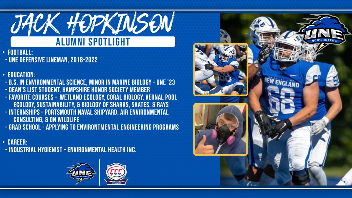 Our spotlight focuses on Jack Hopkinson this week. The NY native spent 5 years on our DL while studying Environmental Science & Marine Biology. He then moved down to Boston with his UNE Degree, and found his fit as an Industrial Hygienist for Environmental Health Inc. 🌩️🏈 #STG