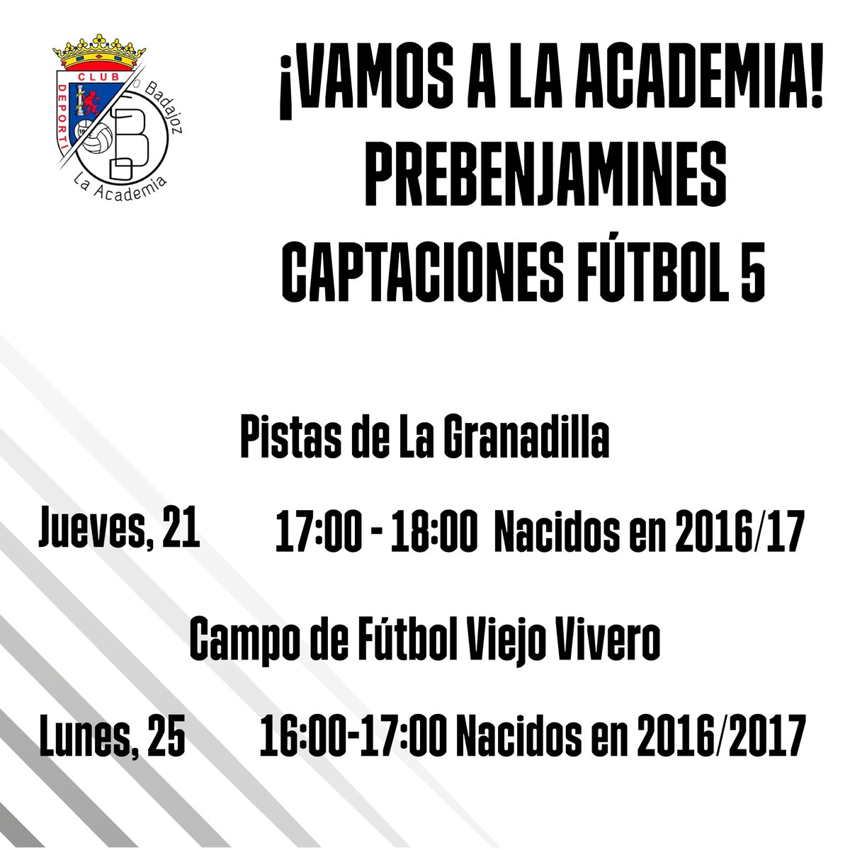 ¡No dejes pasar la oportunidad! Pertenecer a La Academia del CD Badajoz es
✅ Aprender valores
✅ Actividad física
✅ Nuevos amigos
¡y mucho más!
¡Trae a tus hijos!