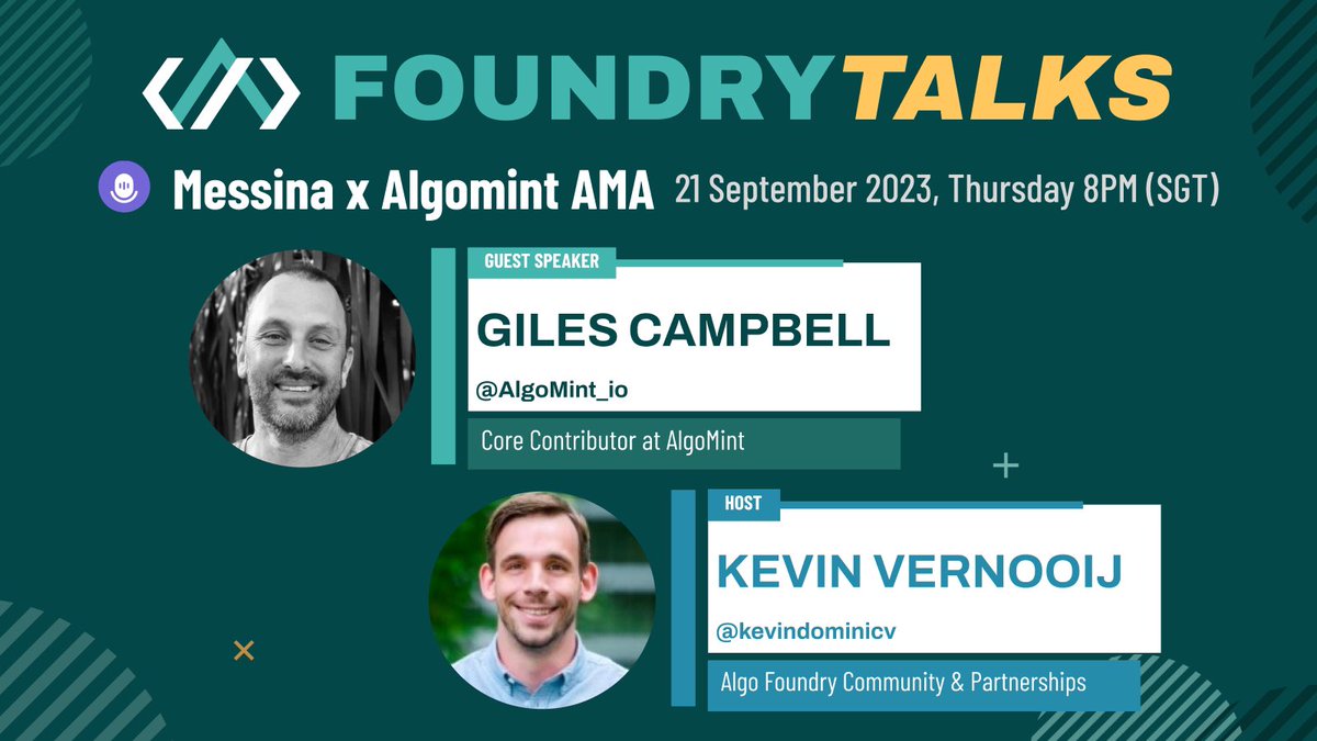 algo_foundry's tweet photo. So much going on in the #Algorand space so join us on Thursday 2pm CET to get all your questions answered regarding @MessinaOne and @Algomint_io - a new edition of #FoundryTalks ๐๏ธ
https://t.co/letHbmHMma https://t.co/pLt9GYqjre