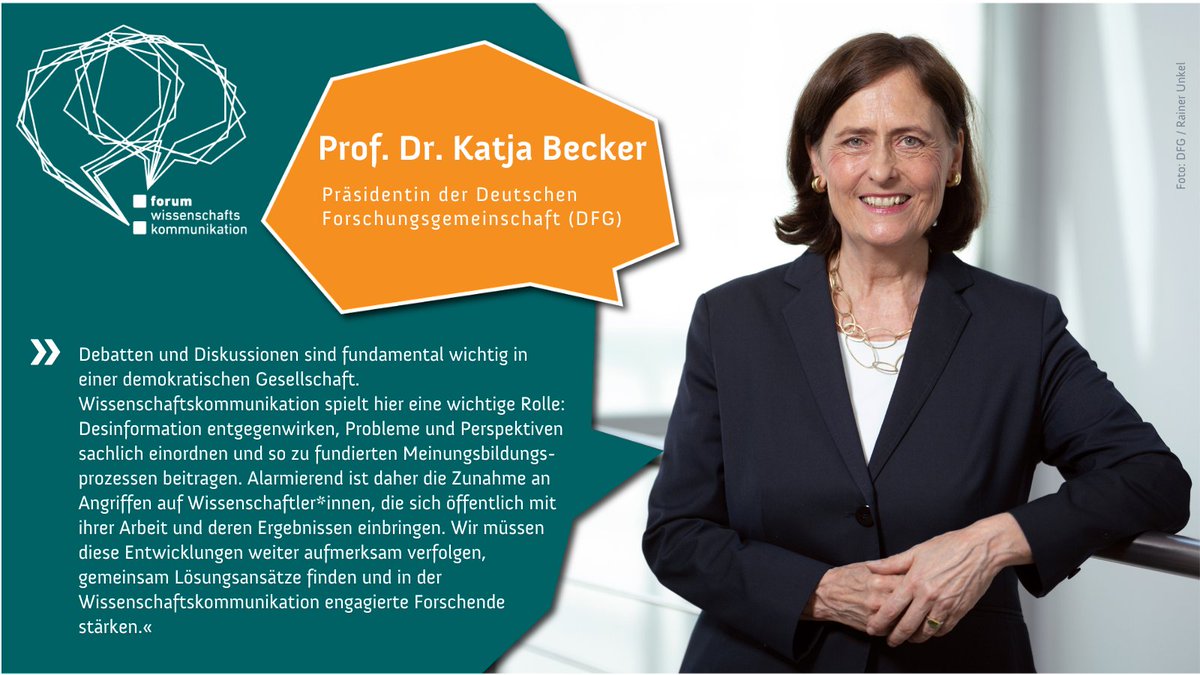 Katja Becker, Präsidentin der @dfg_public, wünscht sich, dass mit #Wisskomm Desinformation entgegengewirkt und fundierte Meinungsbildung ermöglicht werden kann. Dazu müssen kommunizierende Wissenschaftler*innen unterstützt und geschützt werden, betont sie. 1/2 #fwk23