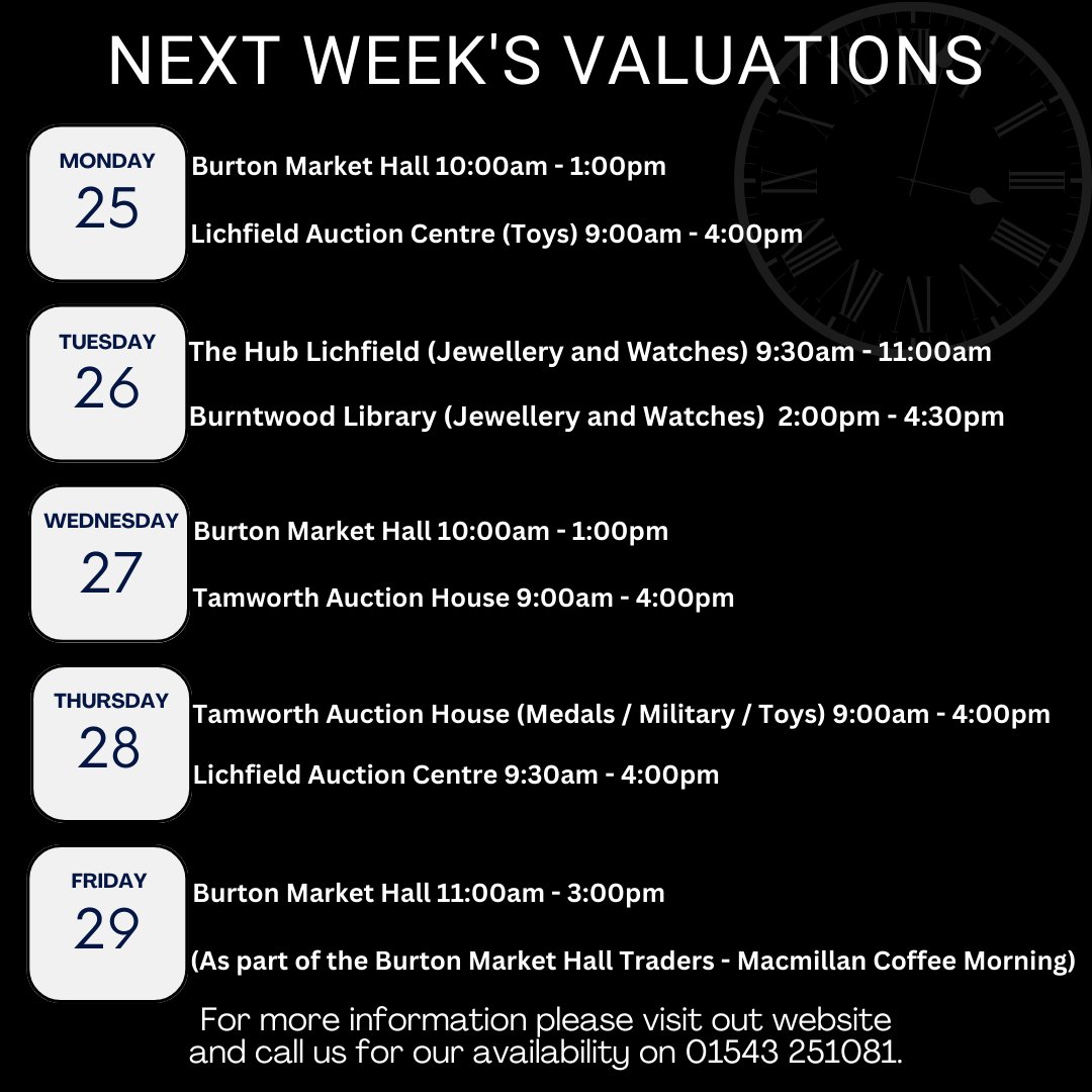 Auctionwint's tweet photo. Valuation Dates for next week with location and times 😄
If you would like to book in please contact us on 01543 251081 🎉

#valuationdates #auctionvaluations #wheretofindus #valueitems https://t.co/geDUTCY8CD