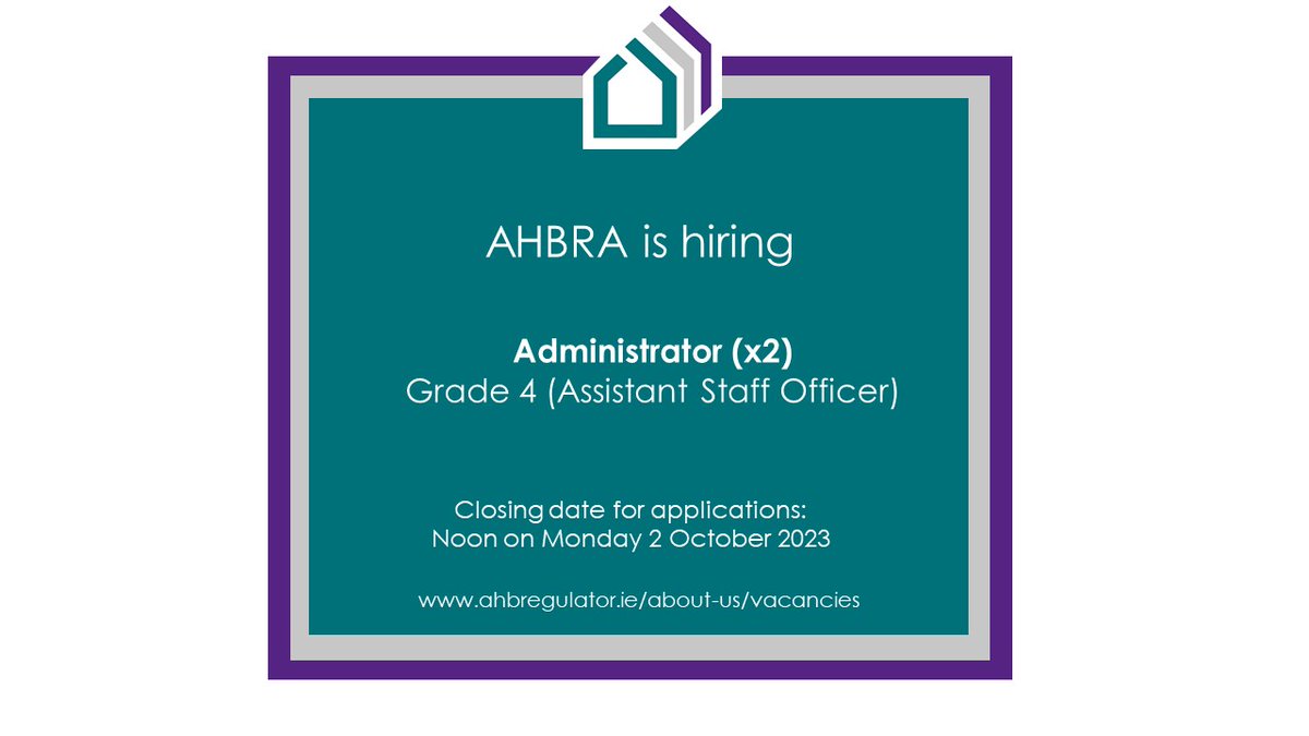 AHBRA is currently seeking applications for two Administrators, Grade IV (Assistant Staff Officers).  Closing date for applications is Monday 2nd October 2023.   #regulation #socialhousing #hybridjobs For more information please visit our website ahbregulator.ie/about-us/vacan…