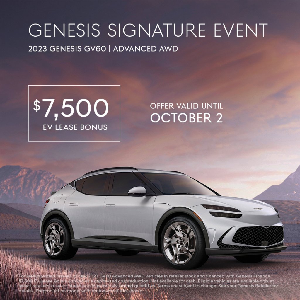Begin your experience at Genesis of Braintree's Genesis Signature Event with an exceptional offer on an exceptional vehicle—like a $7,500 EV Lease Bonus when you lease the #GV60. pbxx.it/BLTm5Y