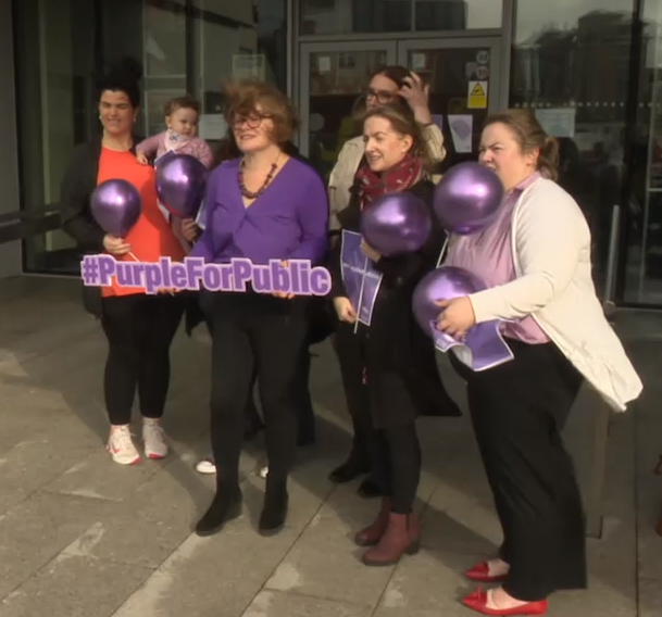 PaveePoint's tweet photo. Well done to Baby Sheila and our Education Worker Tracey Reilly who brave the winds to be part of the @nwci call for Gov to commit to a public model of childcare in #Budget2024 #PurpleForPublic #childcarecrisis https://t.co/8M7Dy21CFN https://t.co/ABlIhNcZ4l