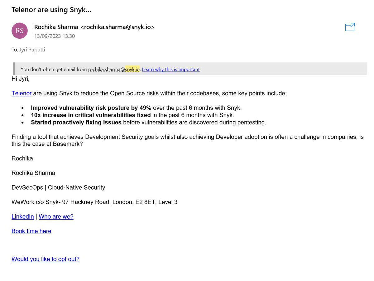 puputskov's tweet photo. Would greatly appreciate if you would stop sending me these emails @snyksec. I have never subscribed to your emails, never used your services. I shouldn’t be required to click any links on your emails to opt-out from something I have never opted-in for! https://t.co/EVShpZXYQt