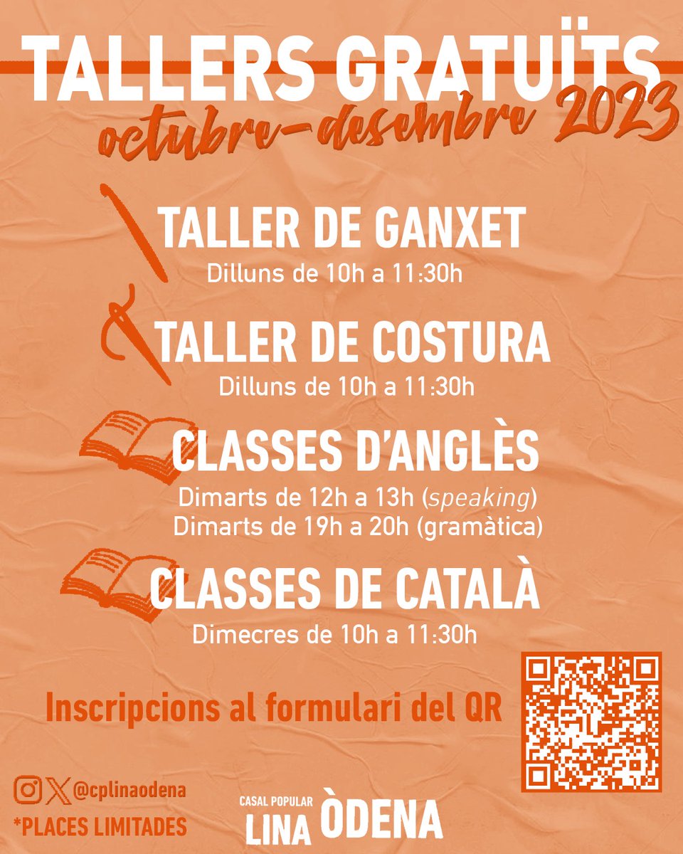 cp_linaodena's tweet photo. Ha acabat l'estiu i per fi ja tornen els tallers al Casal!!! 📝🪡🧶🤩😁

Els tallers són totalment gratuïts amb places limitades i les sòcies tindran prioritat.

Els tallers començaran el pròxim 2 d'Octubre.

Apunteu-vos aquí:
https://t.co/GDBe9w3GZD https://t.co/7KT7OfwcAb