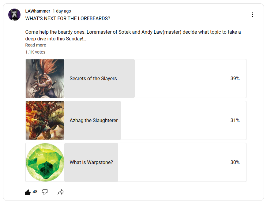 LAWhammering's tweet photo. The first thousand votes are in, and it's super tight for what we'll discuss on this Sunday's #Lorebeards! If I told you that @hapimeses really wants to talk about Warpstone (yes! YES!), would that persuade any of you to back the underdog?
https://t.co/iqUPuAGIgU https://t.co/1rLchR95GR