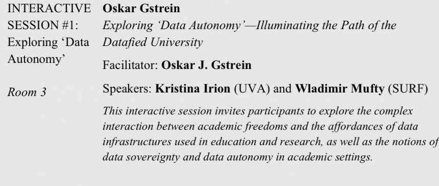 OskarGstrein's tweet photo. Thursday in Utrecht #BDPC2023 (10:45-12:00) we’ll discuss how to go beyond #dataprotection concerns in higher education. Looking forward to an interactive discussion & interventions by @k_irion (UVA) & Wladimir Mufty (SURF)! #publicvalues #DigitalSovereignty #DataAutonomy https://t.co/DW9JVMvnbB