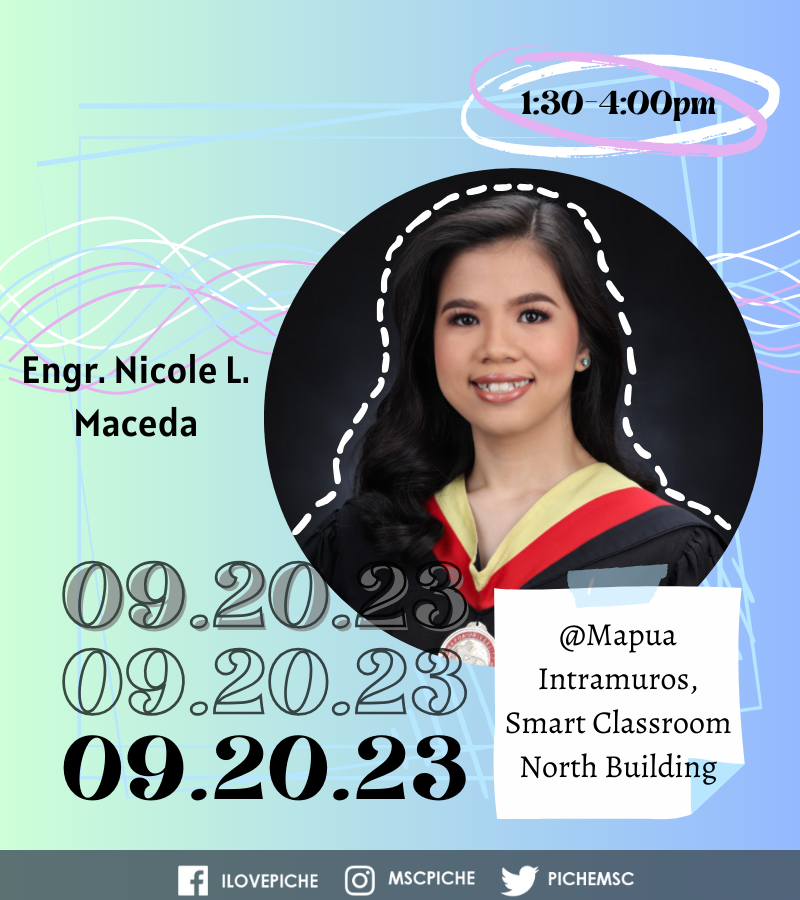 pichemsc's tweet photo. 🎓 Join us as Engr. Nicole L. Maceda, a proud Mapúa Chemical Engineering alumna, takes us on a journey from her student days to the industry! 📷 Hear her insights and experiences on life after Mapúa ChE.  Catch her talk on Sept 20, 2023, from 1:30-4:00 pm at the Smart Classroom. https://t.co/02qUQlMwqv
