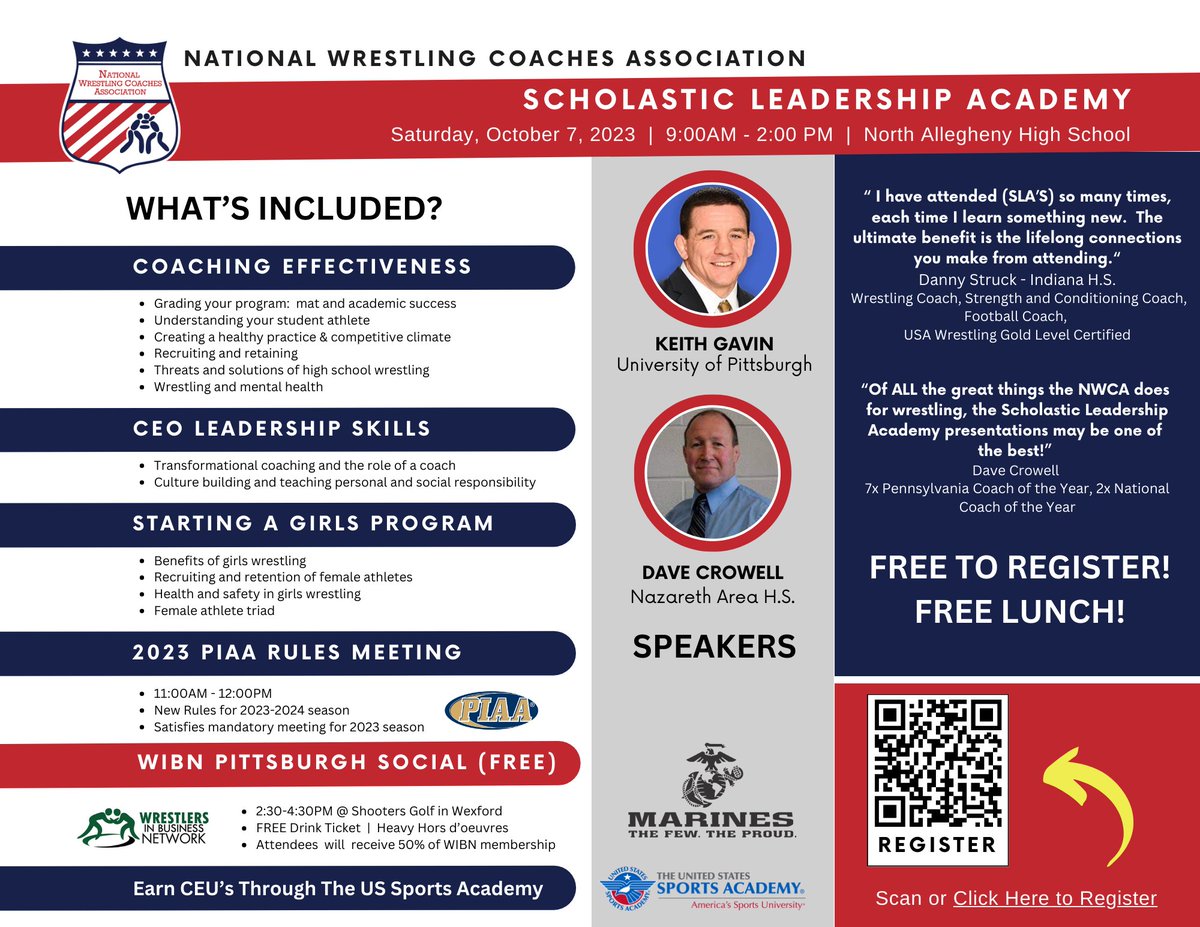 nwcawrestling's tweet photo. Pittsburgh area coaches. Join us at the Scholastic Leadership Academy on Sat, Oct 7. Special guests 🗣️ Keith Gavin, Pitt, &amp; Dave Crowell, Nazareth HS. Best of all, it's FREE! Includes mandatory PIAA rules meeting.  Register now https://t.co/YPMeU79oFX
Presented by @USMarineCorps https://t.co/FeB8B0fpq2