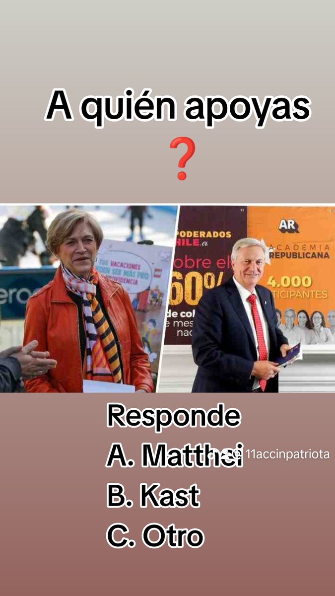 patriota_1972's tweet photo. Responde
A. Matthei
B. Kast
C. Otro https://t.co/Pp21gyU4IK
