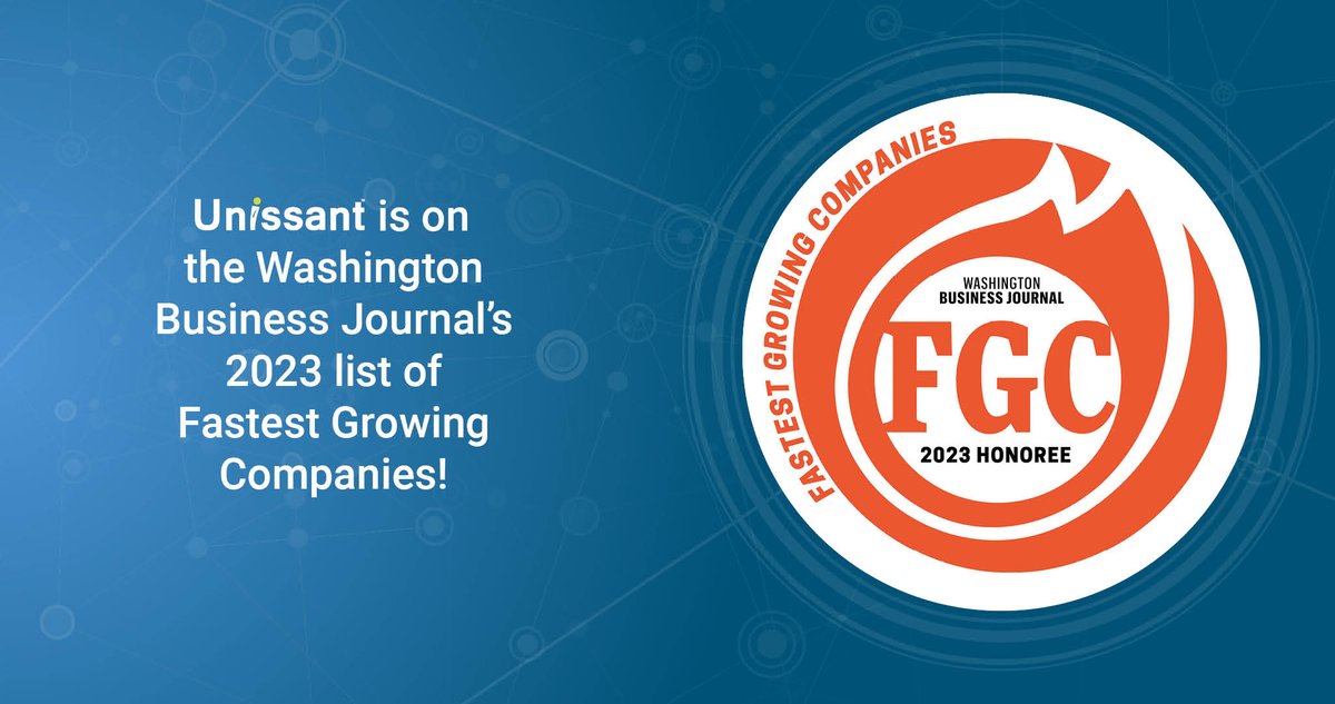 Unissant's tweet photo. We are excited to share that Unissant is among the 2023 Washington Business Journal’s 50 Fastest Growing Companies in the Greater Washington area! 

#WBJ #Unissant #TeamUnissant #FastestGrowingCompanies https://t.co/3WRNficGSA