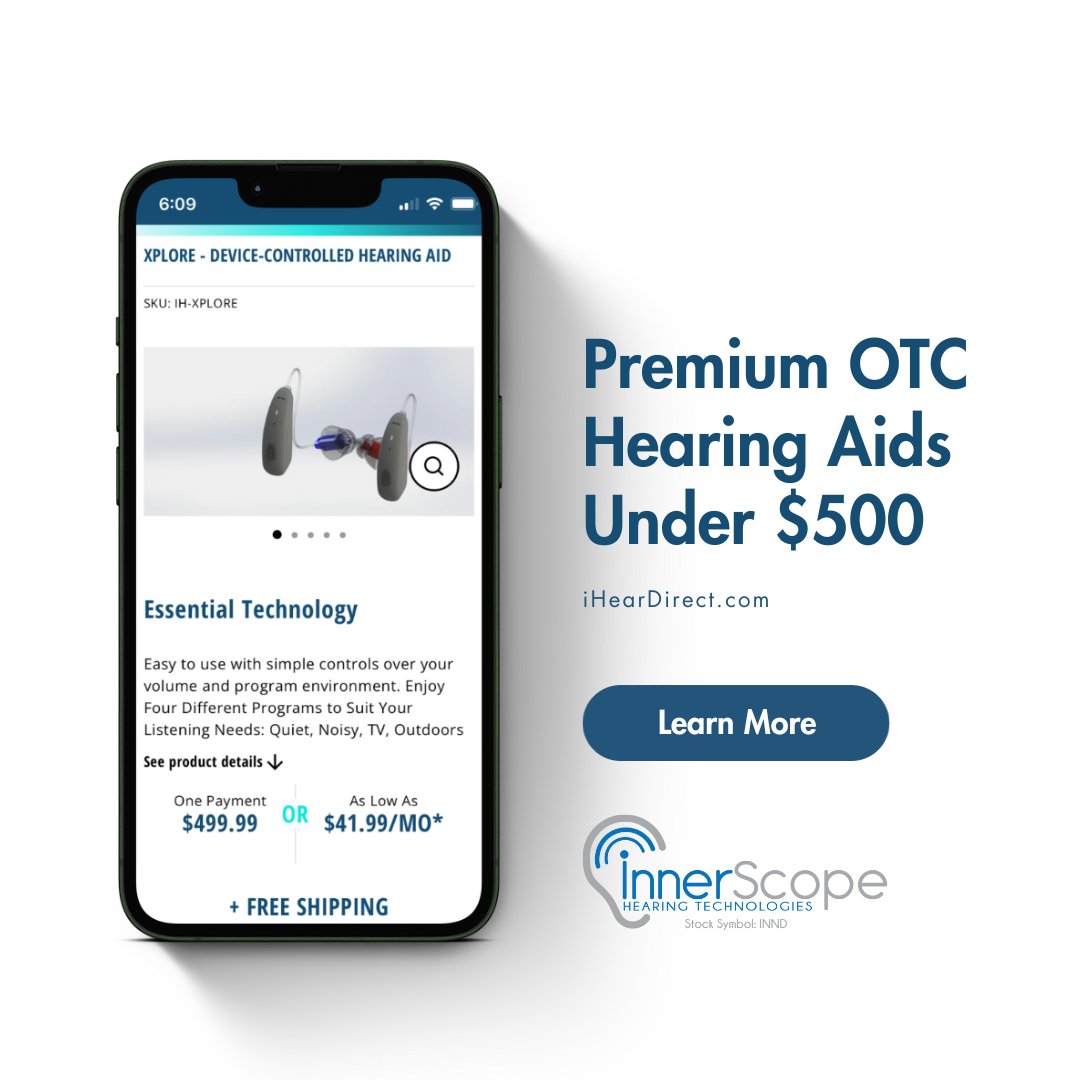inndstock's tweet photo. Did you know you can now get OTC-Hearing Aids for under $500?

Forget the high costs of prescription hearing aids, and head to https://t.co/2w9J2p46X4 to see what's in stock.

We don't believe you should overpay just to hear your loved ones again. $INND @ihear_direct #hearingaids https://t.co/R9jdGxUcd7