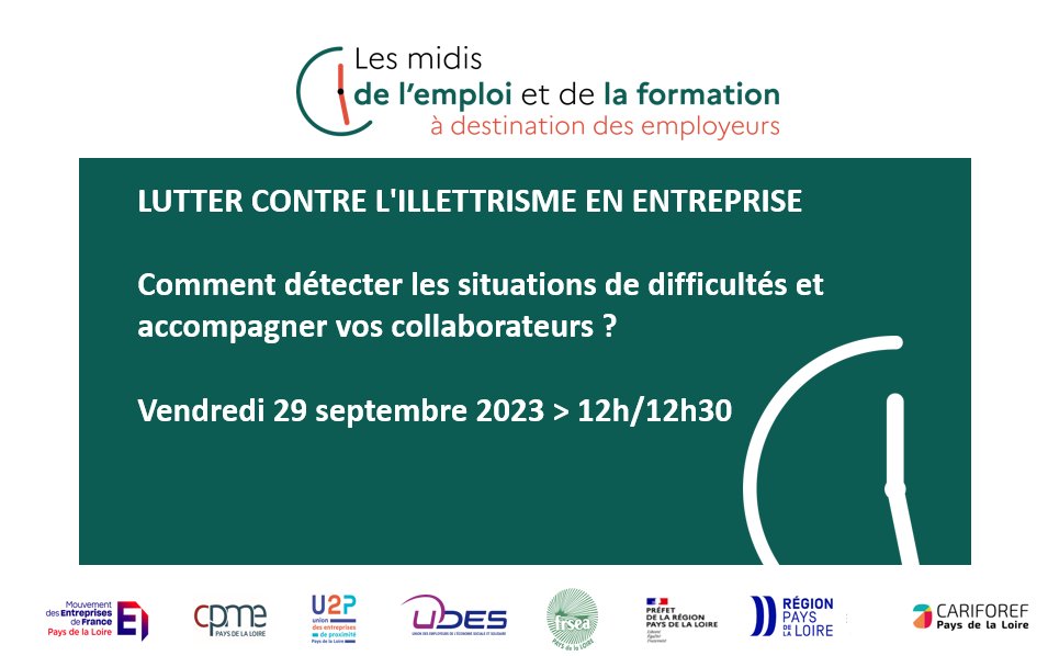 CPMEPDL's tweet image. #Webinaire 💻 | Les midis de l'#emploi et de la #formation 🔍 Lutter contre l'#illettrisme en #entreprise : Comment détecter les situations de #difficultés et accompagner vos #collaborateurs ?
📆 Vendredi 29 septembre de 12h à 12h30
Inscription 👉 bit.ly/3LpgXkP