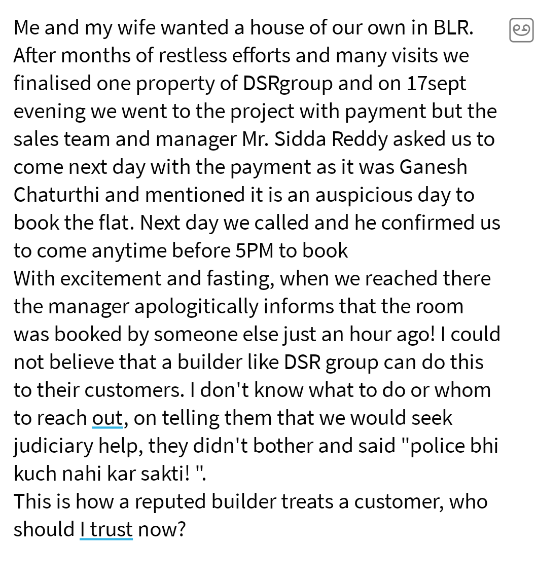 Ionsengupta's tweet photo. An unexpected and very disturbing response from DSR builders!
@DSRInfra @BlrCityPolice @SWDGok @BangaloreMirror
#injustice #deceit #treachery #Bangalore #doubledealing #lookingForJustice https://t.co/zyo31EcjcD