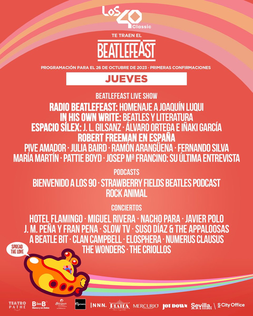 Beatlefeast's tweet photo. 🚂 @platea_odeon ➡️ Beatlefeast Live Show (jueves, viernes y domingo)
🎭 @TeatroPathe ➡️ @El5Beatle + PATAX y Concert For George
🎼 @LaSalaSVQ ➡️ Conciertos
🎤 Tarifa Music Club ➡️ Conciertos
🪩 Lady Drama ➡️ Acústicos y podcasts
🌳 Parque Amate ➡️ Único escenario sábado 28 https://t.co/G6Rv0RoEEl