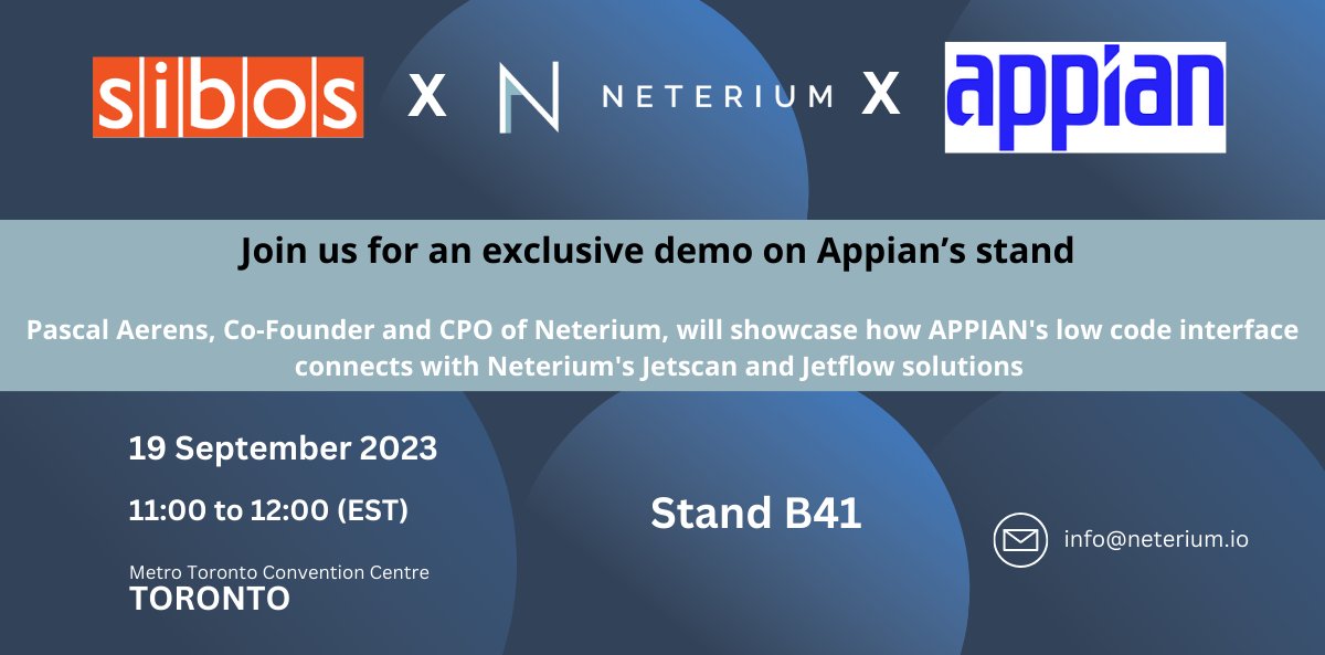 neterium's tweet photo. #SIBOS2023 #Demo
👋 Joined us today at 11AM EST on our partner’s stand @Appian for an exclusive Demo @Sibos
@PascalAerens, Co-Founder & CPO #Neterium, will showcase how APPIAN's low code interface connects with Neterium's #Jetscan & #Jetflow solutions
#FCC #Partnership https://t.co/78qFVZqJk5