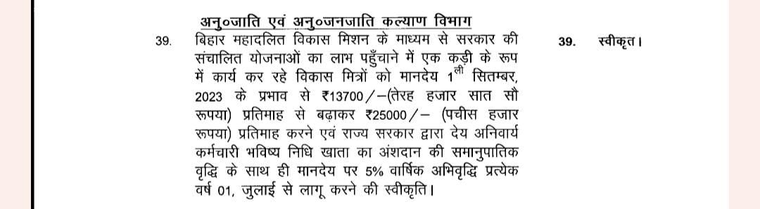 murarigautammla's tweet photo. आज बिहार के ग्राम टोला (शिक्षा) सेवको/ तालीमी मरकज और विकास मित्रों के लिए  खुशी का दिन है।आज के कैबिनेट बैठक में यह निर्णय लिया गया है की बिहार के सभी ग्राम टोला सेवको/तालीमी मरकज का मानदेय 11000 से बढ़ा कर 22000 और विकास मित्रों का मानदेय 13700 से बढ़ाकर25000 कर दिया गया है। https://t.co/ckA3Msh76z